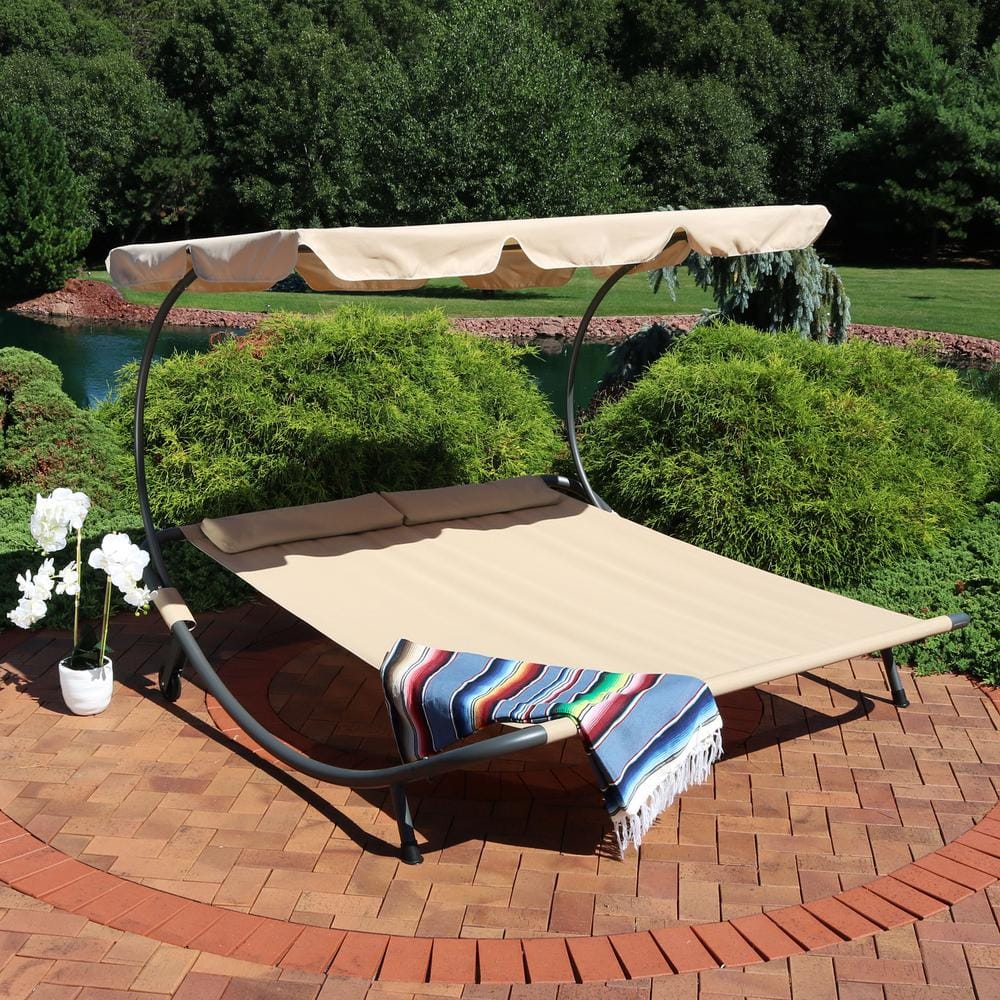 Cabana-Inspired Double Chaise Outdoor Bed with Canopy, Cream
