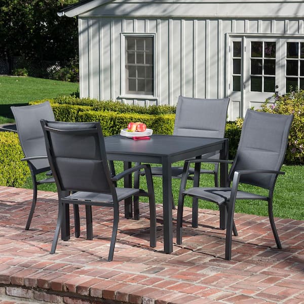 Hanover Naples 5-Piece Aluminum Outdoor Dining Set with 4-Padded Sling Chairs and a 38 in. Square Dining Table