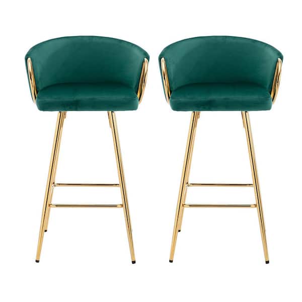 26 Inch Set of 2 Metal Outdoor Bar Stool, with Cushion + Golden Leg Simple Bar Stool, GREEN