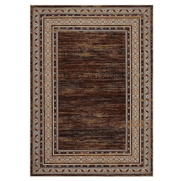 Bordered Red‑Brown 9 ft. x 12 ft. Washable Area Rug, Low‑Pile Non‑Slip Stain‑Resistant Carpet for Living Room, Bedroom