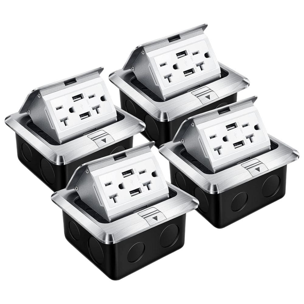 Silver 20A Tamper Resistant Pop-Up Floor Outlet Kit with USB Ports