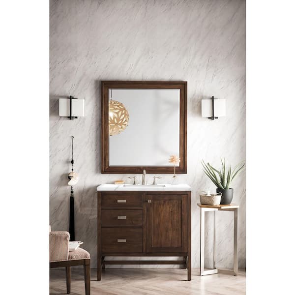 James Martin Vanities Addison 36 in. W x 23.5 in.D x 35.5 in. H Single Vanity in Mid Century Acacia with Marble Top in Carrara White