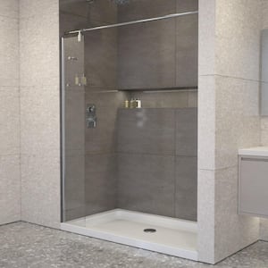 Poseidon 60 in. W x 70 in. H Fixed Frameless Splash Panel and Curtain Rod Tub Door in Chrome with Clear Glass and Shelf