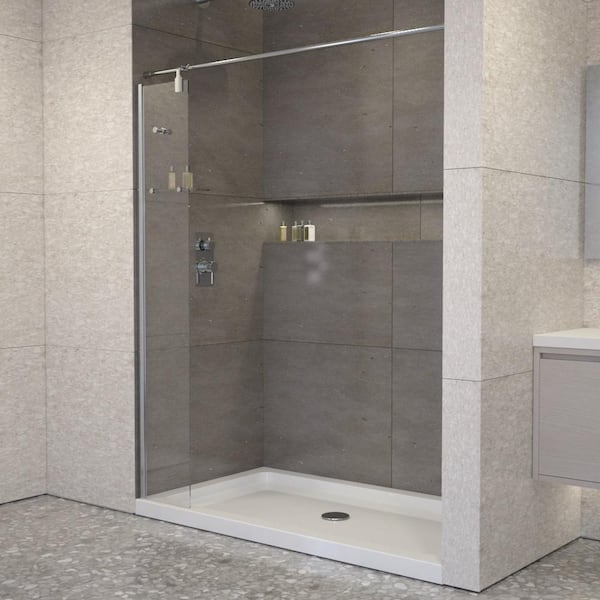 LuxWay Poseidon 60 in. W x 70 in. H Fixed Frameless Splash Panel and Curtain Rod Shower Door in Chrome with Clear Glass & Shelf