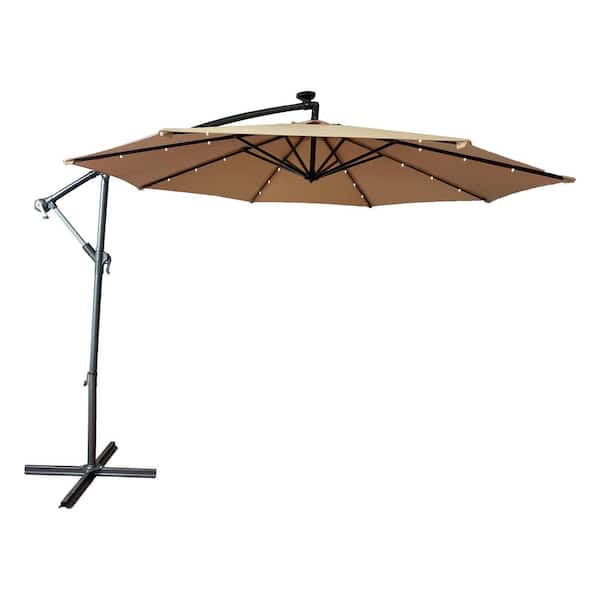 Mondawe 10 ft. Cantilever Solar Lighted Banana Hanging Patio Umbrella Garden Beach Shade with Cross Base in Earthy Yellow
