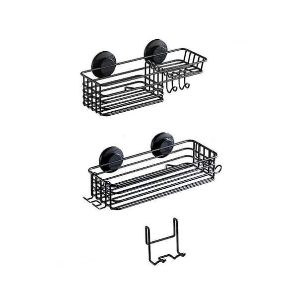 12.2in L 4.45in H Stainless Steel Suction Mount Shower Shelf in Black Rustproof Fast Drain Hooks Soap Holder