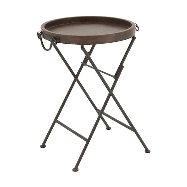 Litton Lane 20 in. Black Large Round Wood End Accent Table with Brown Wood Top