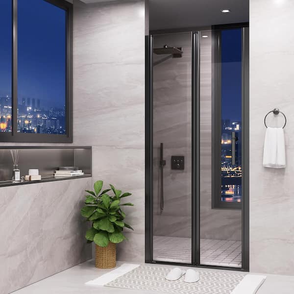 36 in. W x 72 in. H Double Foldable Semi-Frameless Shower Door in Matte Black Finish with Tempered Glass