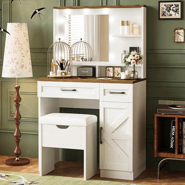Harper & Bright Designs 2-Piece White Makeup Vanity Set with Stool, Adjustable Shelves, 2-Drawers and Side Cabinet, Mirror and Lights