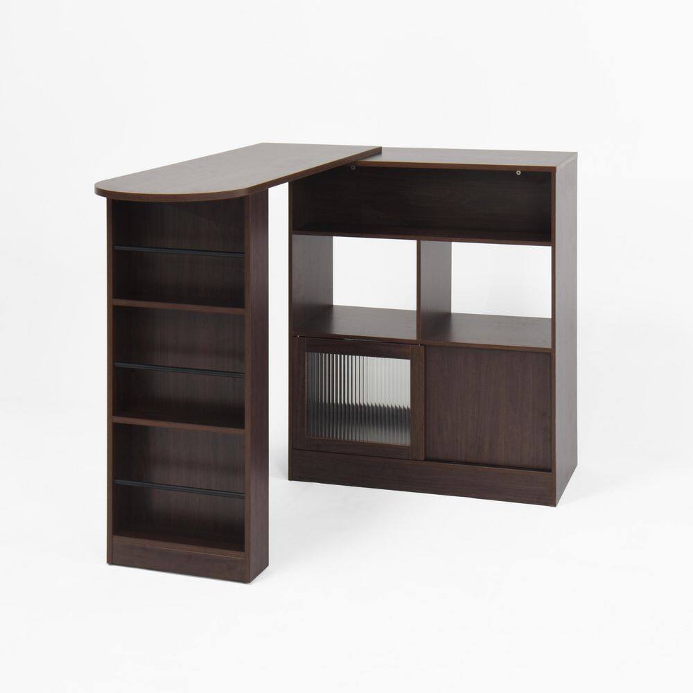 Walnut Modern Counter Height Bar Cabinet with Rotating Top, Kitchen Dining Storage with 6 Spaces and 2 Ribbed Glass Door