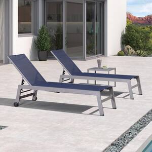 Light Gray, 3-Pieces Aluminum Frame Outdoor Chaise Lounge Patio Lounge Chair with Side Table and Wheels, Navy Blue