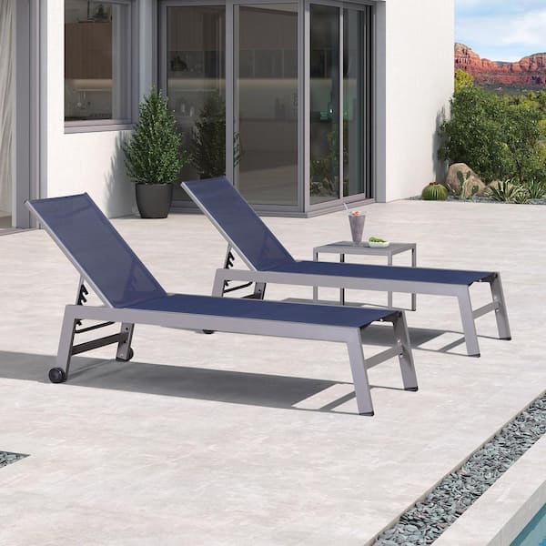 PURPLE LEAF Light Gray, 3-Pieces Aluminum Frame Outdoor Chaise Lounge Patio Lounge Chair with Side Table and Wheels, Navy Blue