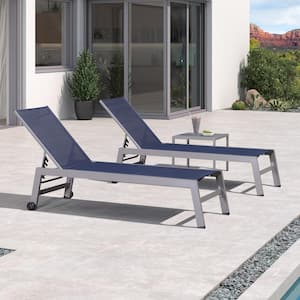 Aluminum Light Gray Frame Metal Outdoor Chaise Lounge Patio Lounge Chair with Side Table and Wheels, Navy Blue
