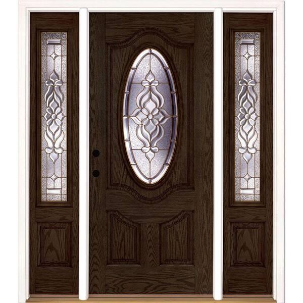 Feather River Doors 67.5 in.x81.625 in. Lakewood Brass 3/4 Oval Lt Stained Walnut Oak Right-Hand Fiberglass Prehung Front Door w/Sidelites