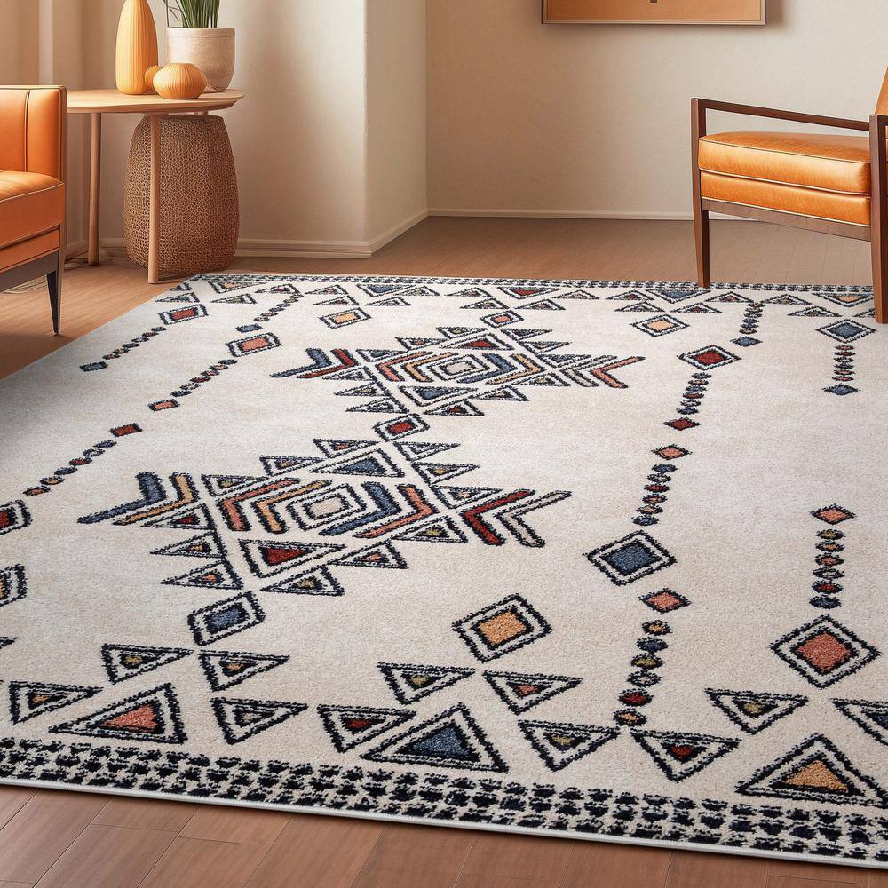 Beige Bohemian Tribal High-Low 3'11" x 5'3" Area Rug
