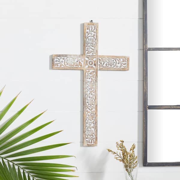 Litton Lane Mango Wood Brown Carved Cross Biblical Wall Decor