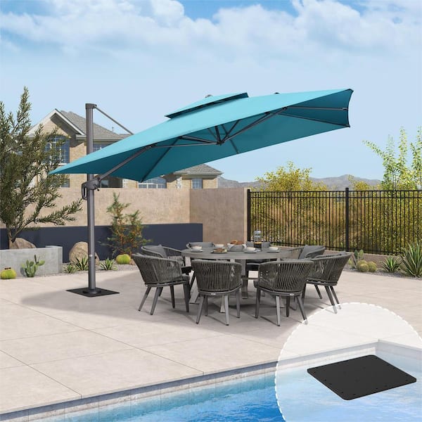 PURPLE LEAF 12 ft. Square 2-Tier Aluminum Cantilever 360° Rotation Patio Umbrella with Base Plate, Turquoise Blue