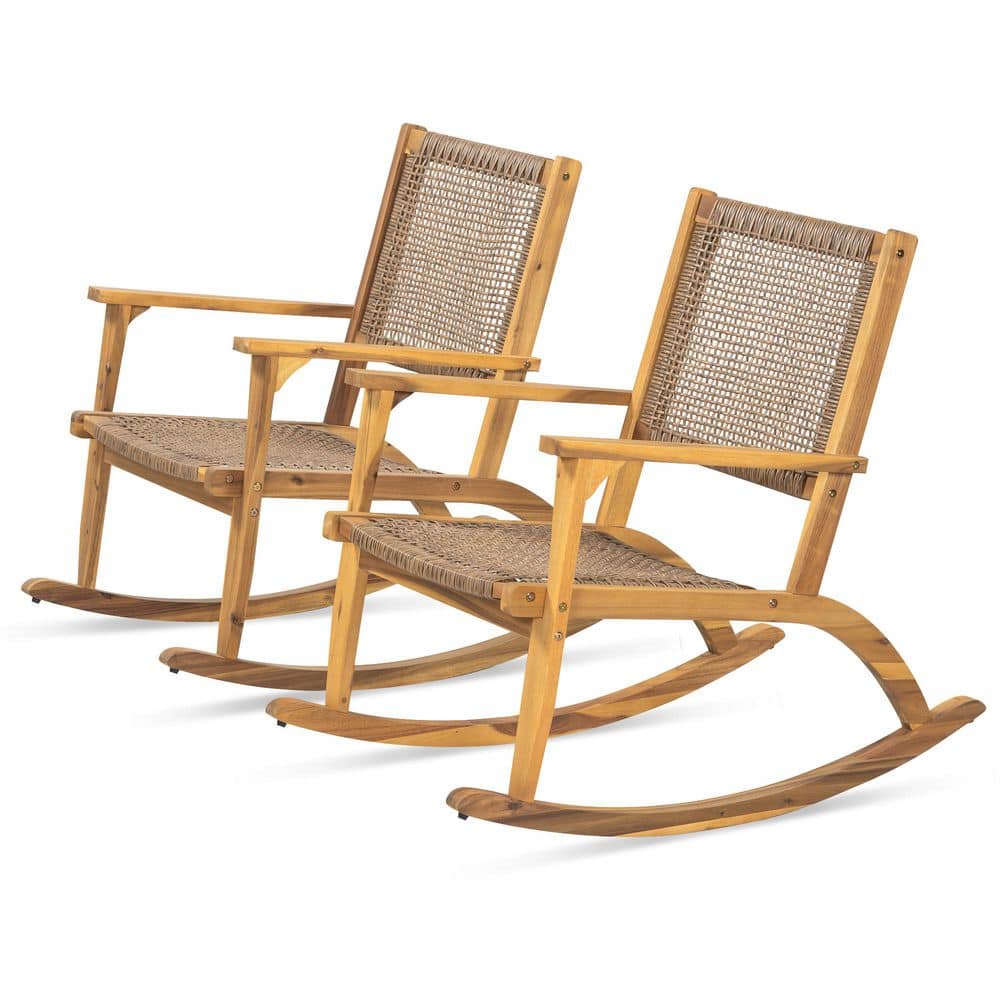 Natural Acacia Wood Outdoor Rocking Chair 2-Pieces with Wicker Rattan Seat 