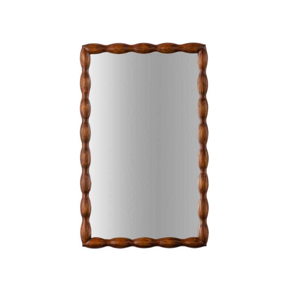 24.02 in.W x 35.83 in.H Brown Wood Rectangle Wavy Irregular Mirror, Solid Wood Frame Wall-Mounted Decorative Mirror