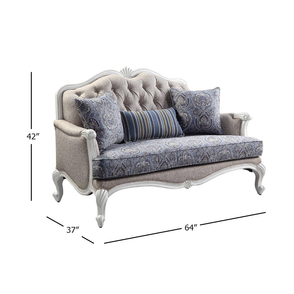 White Floral Tufted Fabric Loveseat with Wood Frame