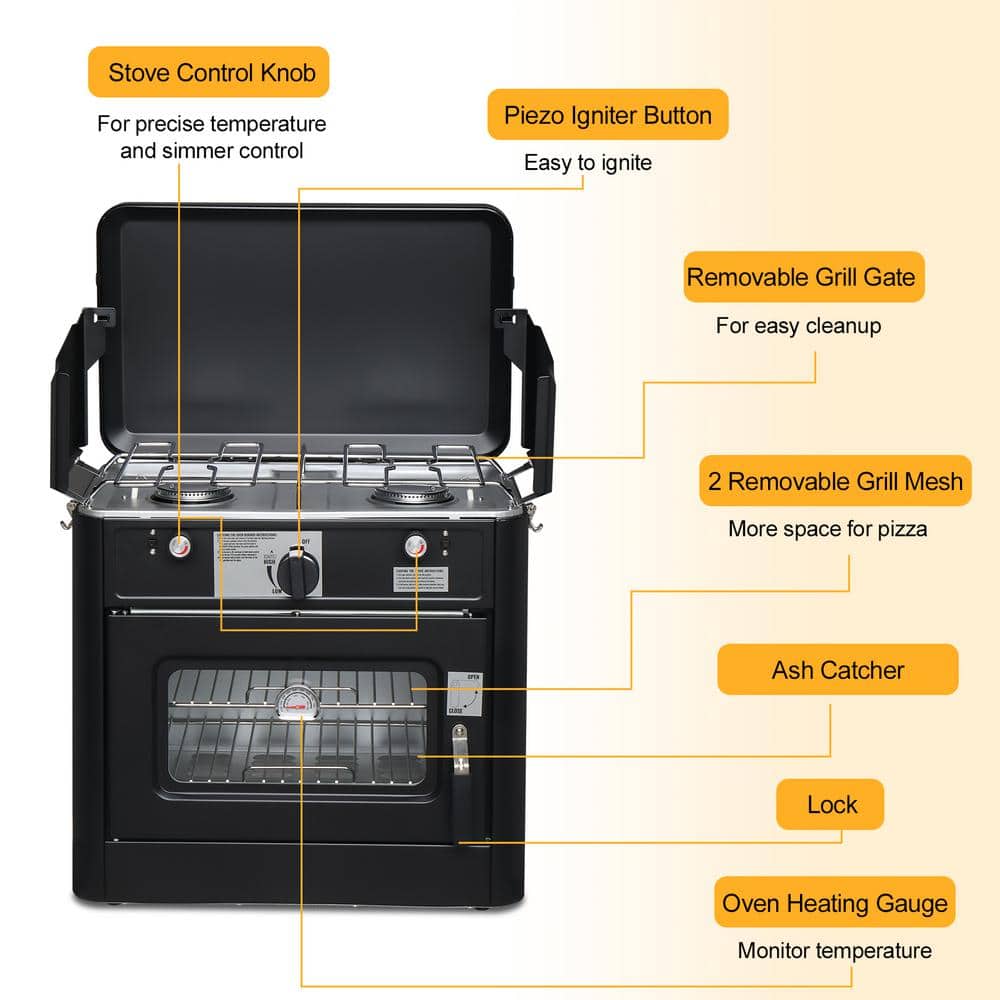 Portable Tabletop Outdoor 2- Burner Propane Gas Grill and Camping Oven in Black