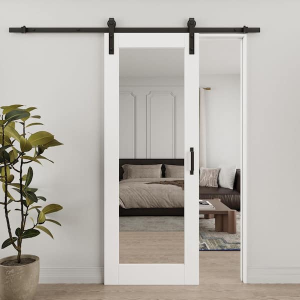 ARK DESIGN 30 in. x 80 in. 1-Lite Mirrored Glass White Primed MDF Wood Sliding Barn Door with Hardware Kit