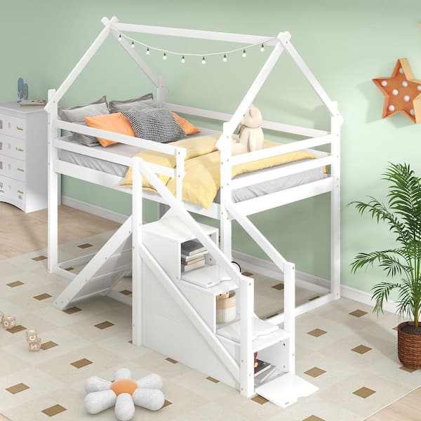 White Twin House Bunk Bed with Slide and Staircase
