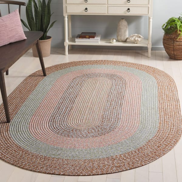 Braided Brown/Gray Pink 4 ft. x 6 ft. Machine Washable Solid Striped Border Oval Area Rug