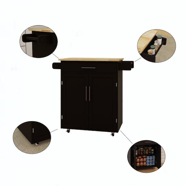 Runesay Black Wood Base with Wood Top Rolling Kitchen Island (17.72-in x 32.68-in x 36.02-in)