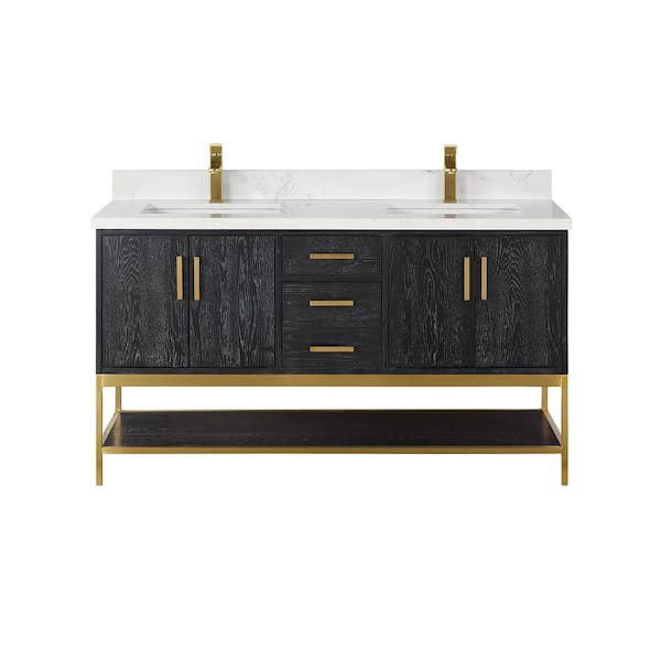 Altair Wildy 60 in. W x 22 in. D x 34 in. H Bath Vanity in Black Oak with Grain White Composite Stone Top