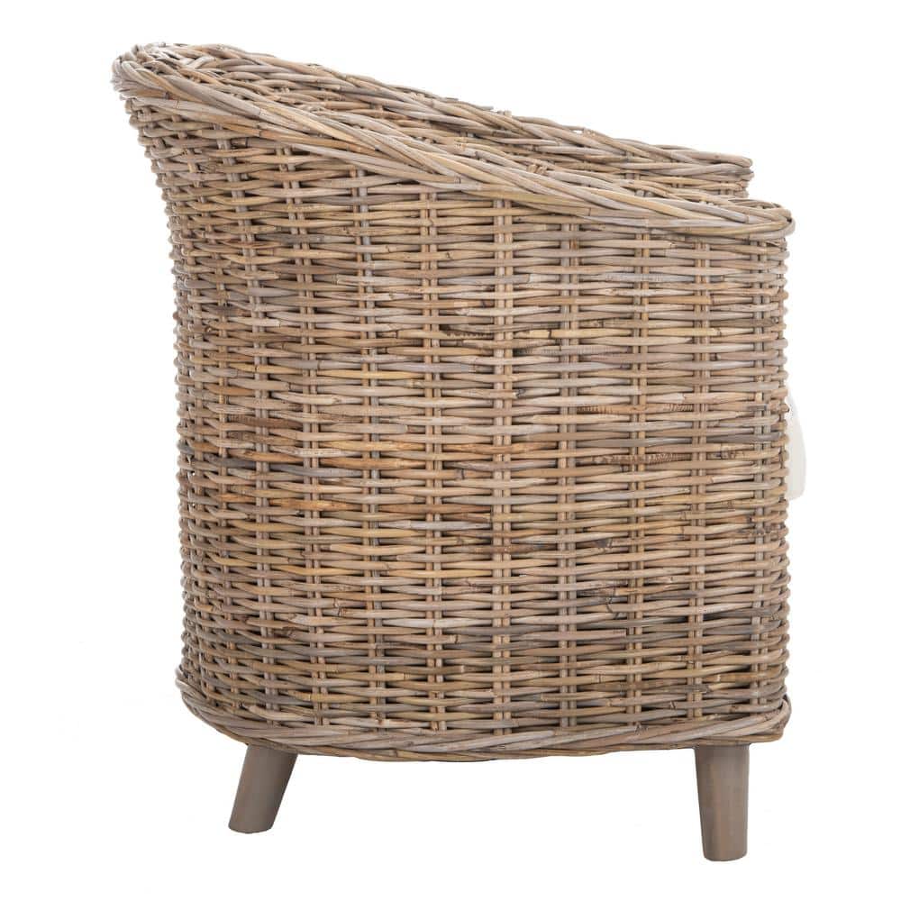 Natural Unfinished Rattan Barrel Accent Chair with White Cushion