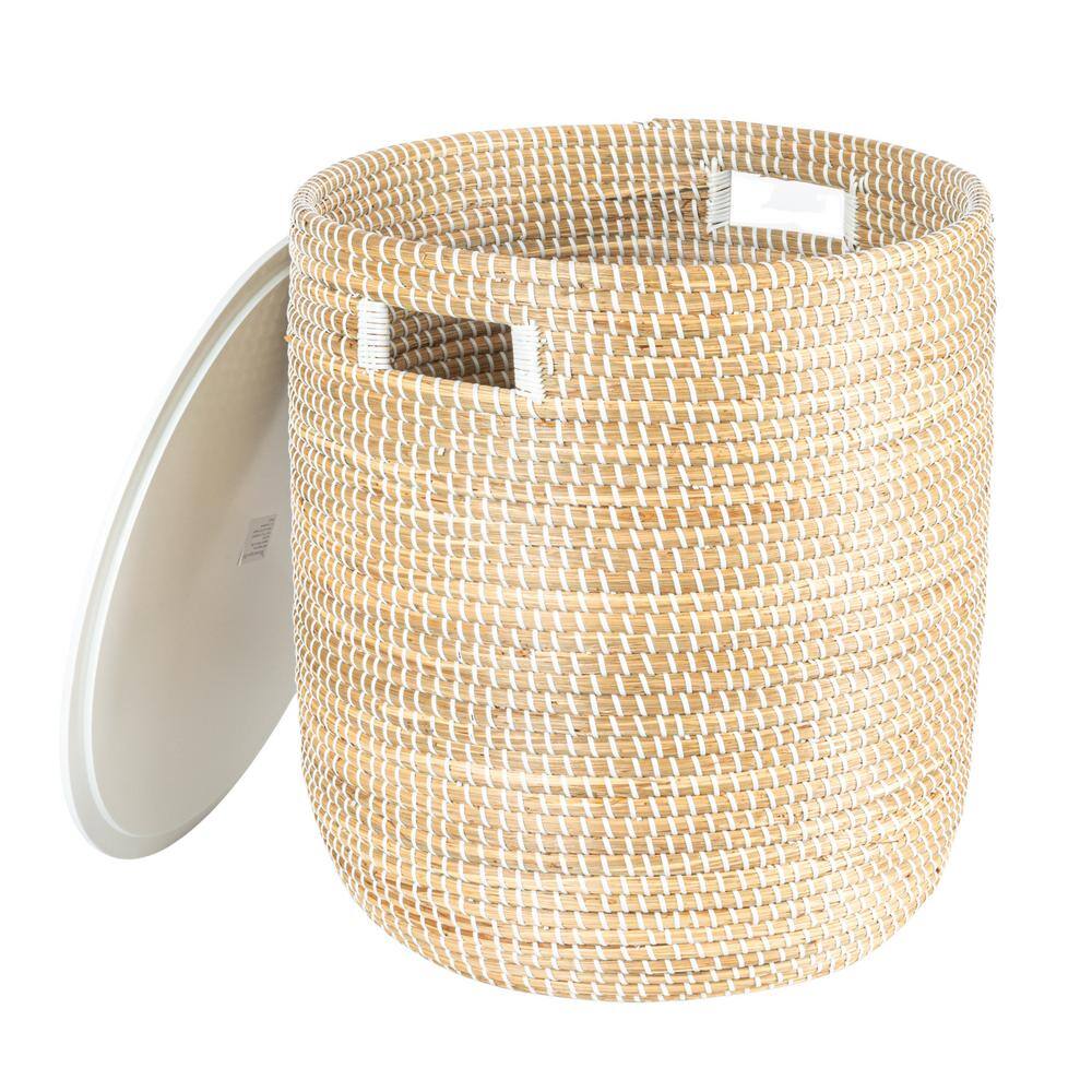 Natural Seagrass and White Wood Round Drum Side Table Set