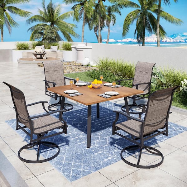PHI VILLA Black 5-Piece Metal Outdoor Patio Dining Set with Wood-Look Table and Padded Textilene Swivel Chairs