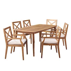 Llano Teak Brown 7-Piece Wood Outdoor Dining Set with Cream Cushions