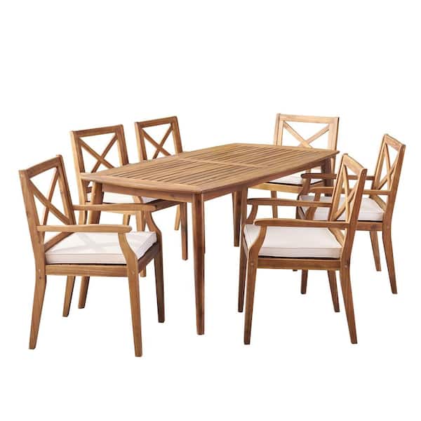 Llano Teak Brown 7-Piece Wood Outdoor Dining Set with Cream Cushions