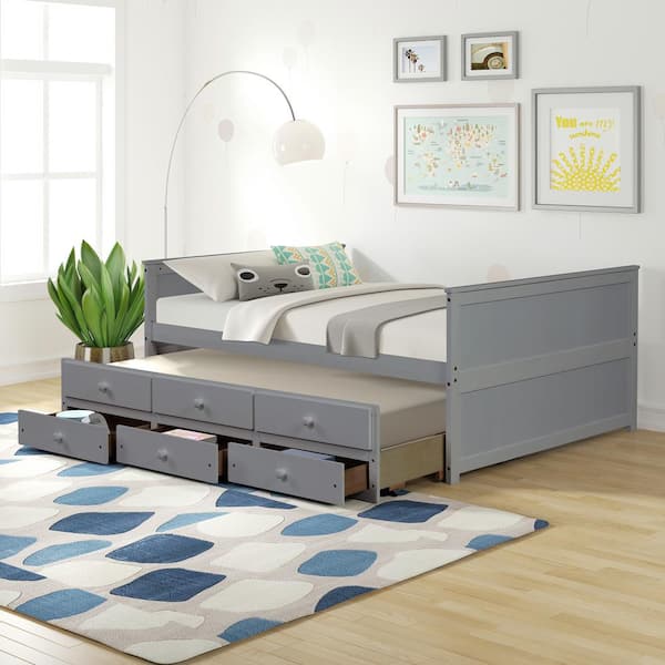 Seafuloy Gray Pine Full Captain Bed, Pine Twin Bed With Trundle