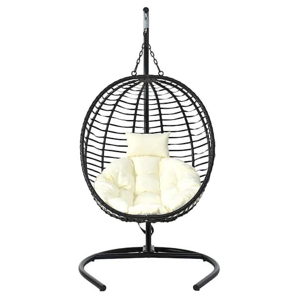 Black Single Person Folding HDPE Wicker Patio Swing Hammock Chair with Beige Cushions