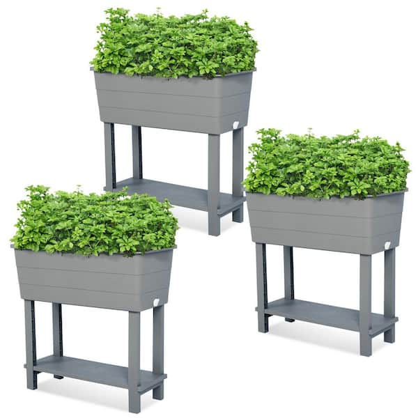 Aoodor 30.2 in. x 14.2 in. x 29.6 in. Grey Plastic Raised Garden Bed with Drainage Plug and Water Level Indicator Set of 3