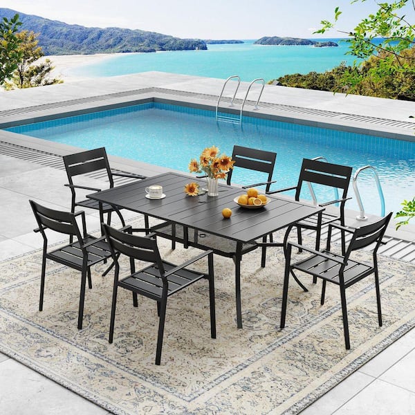 DIFY 7-Piece Metal Outdoor Patio Dining Set with 59.2 in. Black ...
