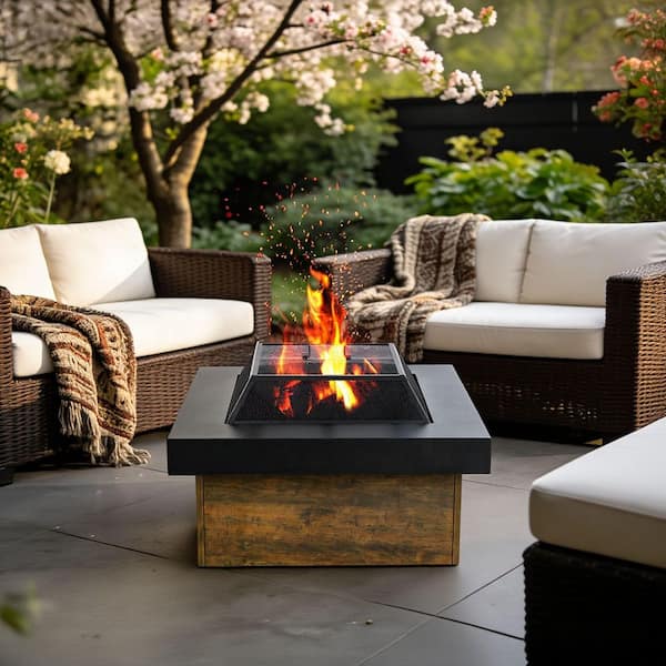36 in. Wood-Burning Black Round Iron Outdoor Fire Pit Table with Decorative Design for 4-8 Persons Bonfire Party