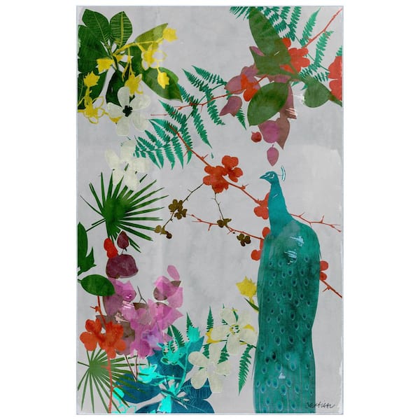 Empire Art Direct Multi-Colored Blue 5 ft. x 8 ft. Tropical Peacock II Washable Art Area Rug