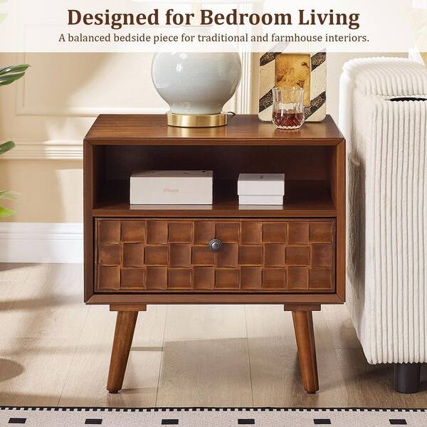 HOMEFUN 22 in. Mid-Century Modern Brown Carved Geometric Drawer