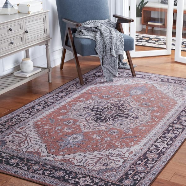 Tuscon Rust/Navy 6 ft. x 6 ft. Machine Washable Floral Medallion Square Area Rug