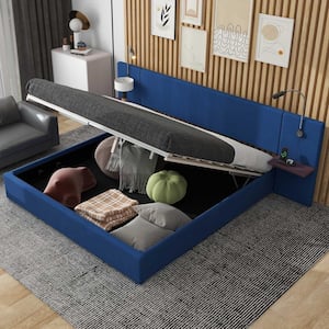 Blue Wood Frame Queen Velvet Upholstered Platform Bed with Bedside Shelves, 2 Lights, USB Charging, Hydraulic Storage