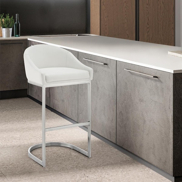 Armen Living Atherik 34-38 in. White/Brushed Stainless Steel Metal 28 in. Bar Stool with Faux Leather Seat