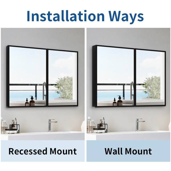Tileon 30 in. W x 26 in. H Rectangular Black Metal Wall Mount or Recessed Medicine Cabinet with Mirror