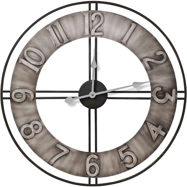 24 in. RoundGray Metal Decorative Wall Clock Chunky Number