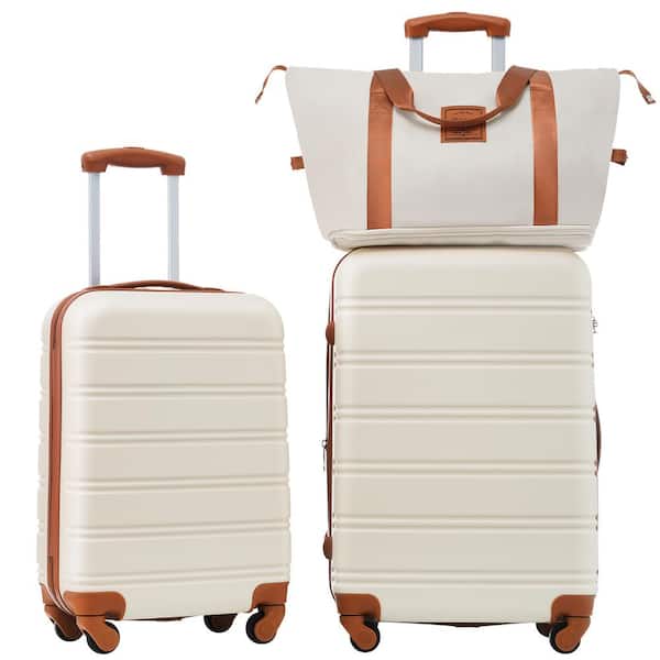 Xzkai 3-Piece Brown White Spinner Wheels Luggage Set with Handbag