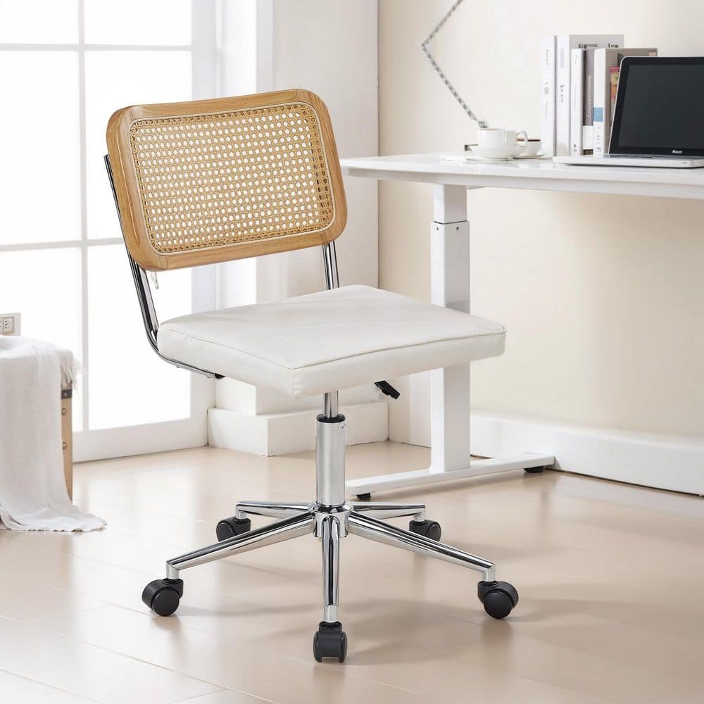 Armless Swivel Office Chair with Rattan Back and PU Seat - Adjustable White Desk Chair for Home Office or Vanity