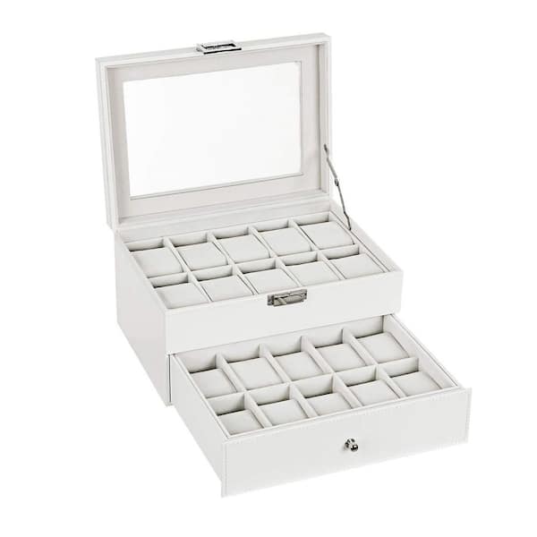 Unbranded White PU Leather 20-Slot Watch Box with Glass Lid